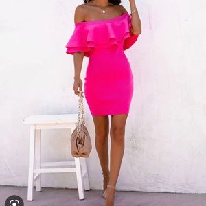 Pink short off the shoulder dress
